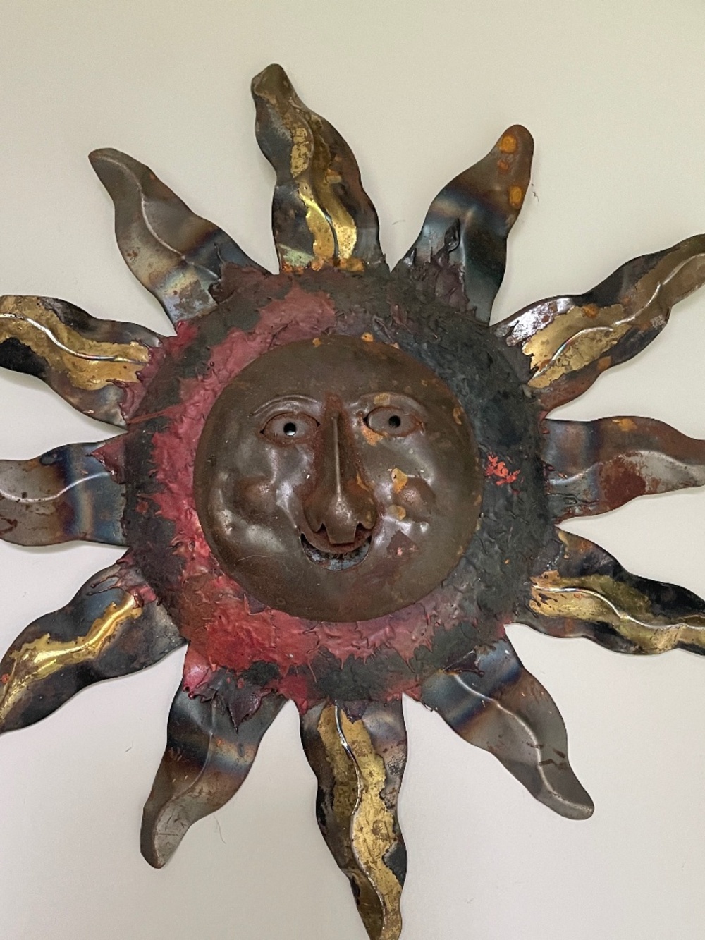 Vintage Southwest Metal Sun Face Wall Art – 9-10"